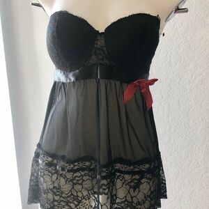 Elegant Black Lace Babydoll with Red Accent